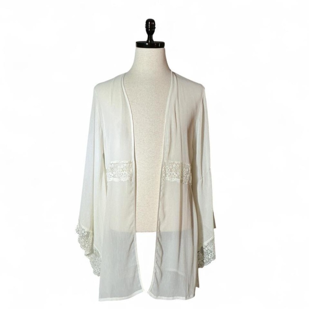 Jezebel Ivory Chiffon Lace Trim Robe Kimono Sheer Bridal Loungewear OV-1601 S/M